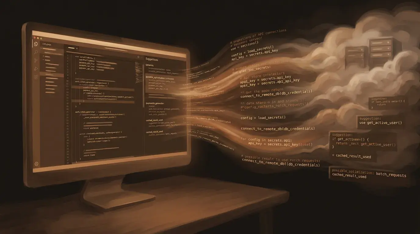 Developer code context leaving the machine through AI coding tool API, exposing proprietary patterns