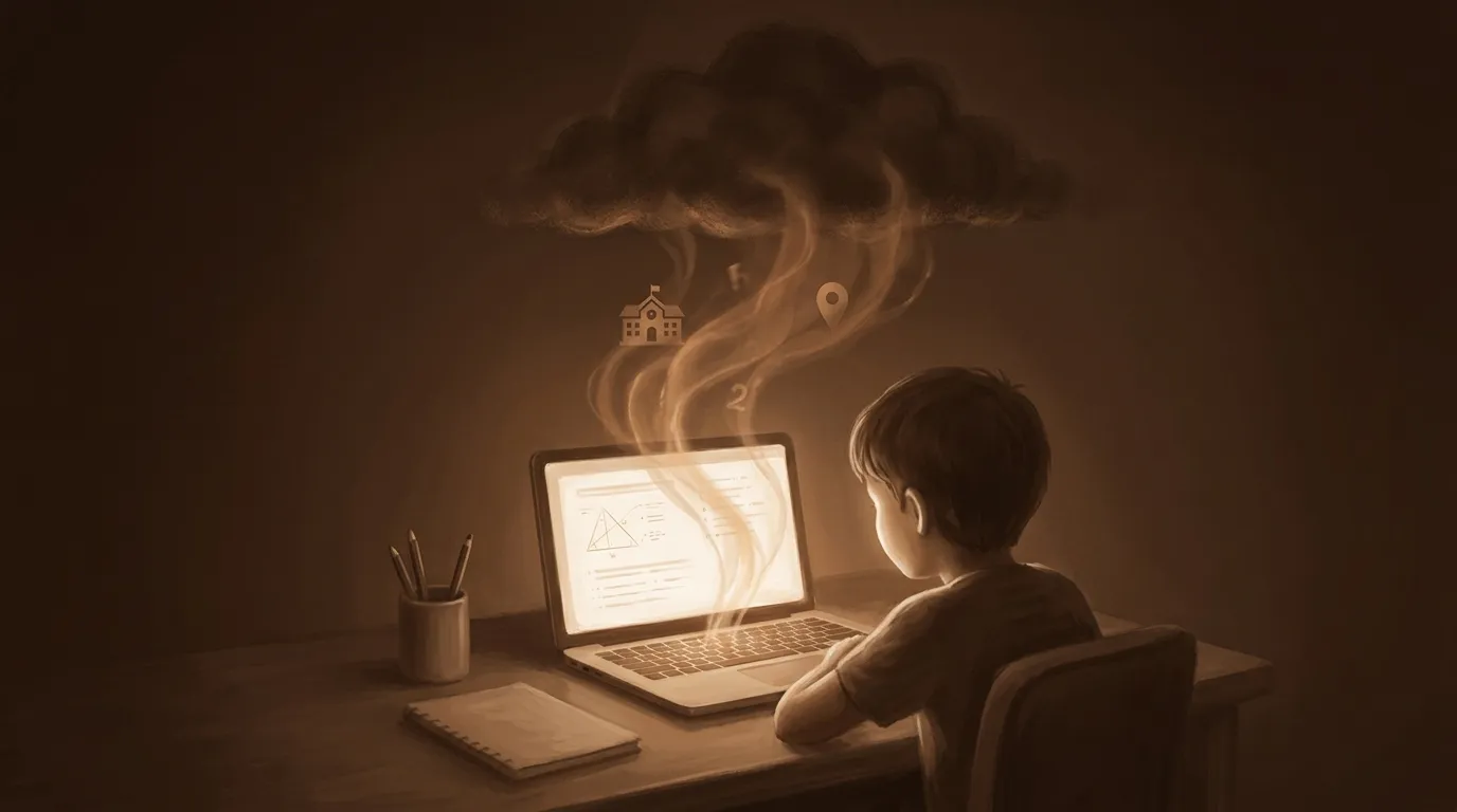 Child's homework session with personal data drifting upward from AI chat into cloud storage