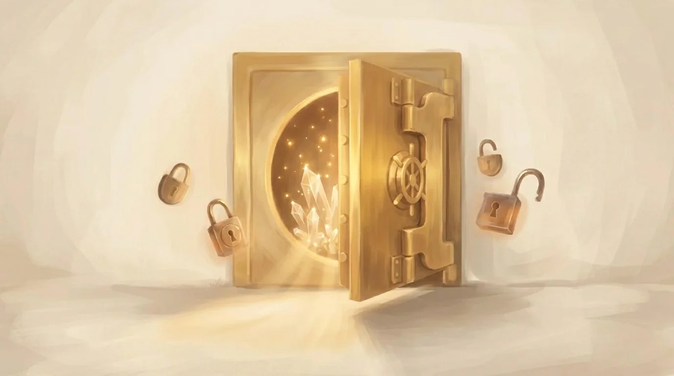 A golden vault door slightly ajar with crystalline data structures inside — precious information kept safe through careful stewardship