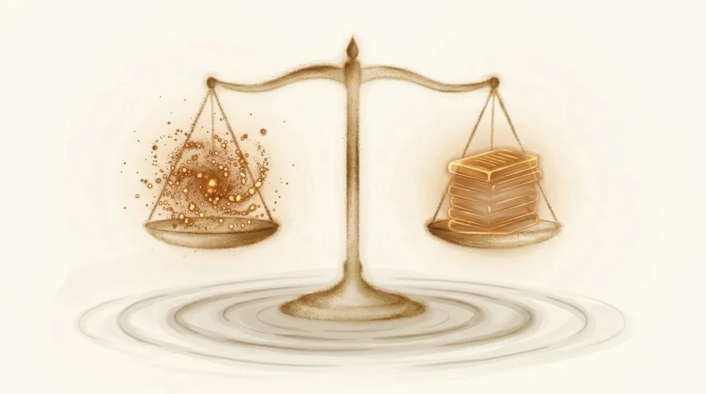 A balanced golden scale — data particles on one side, translucent regulatory tablets on the other — equilibrium between innovation and compliance