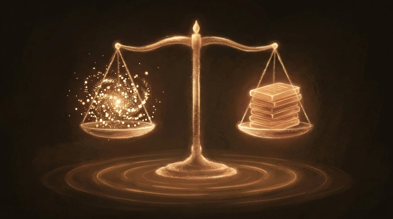 A balanced golden scale — data particles on one side, translucent regulatory tablets on the other — equilibrium between innovation and compliance