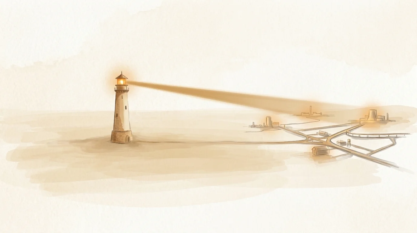A steady amber lighthouse sweeping its beam across golden infrastructure on a dark plain — constant vigilance and reliability