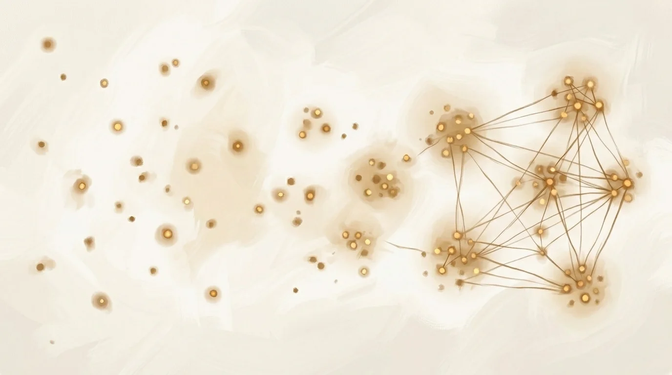 Scattered golden points of light gradually organizing into structured clusters connected by warm threads — knowledge accumulating from chaos into structure