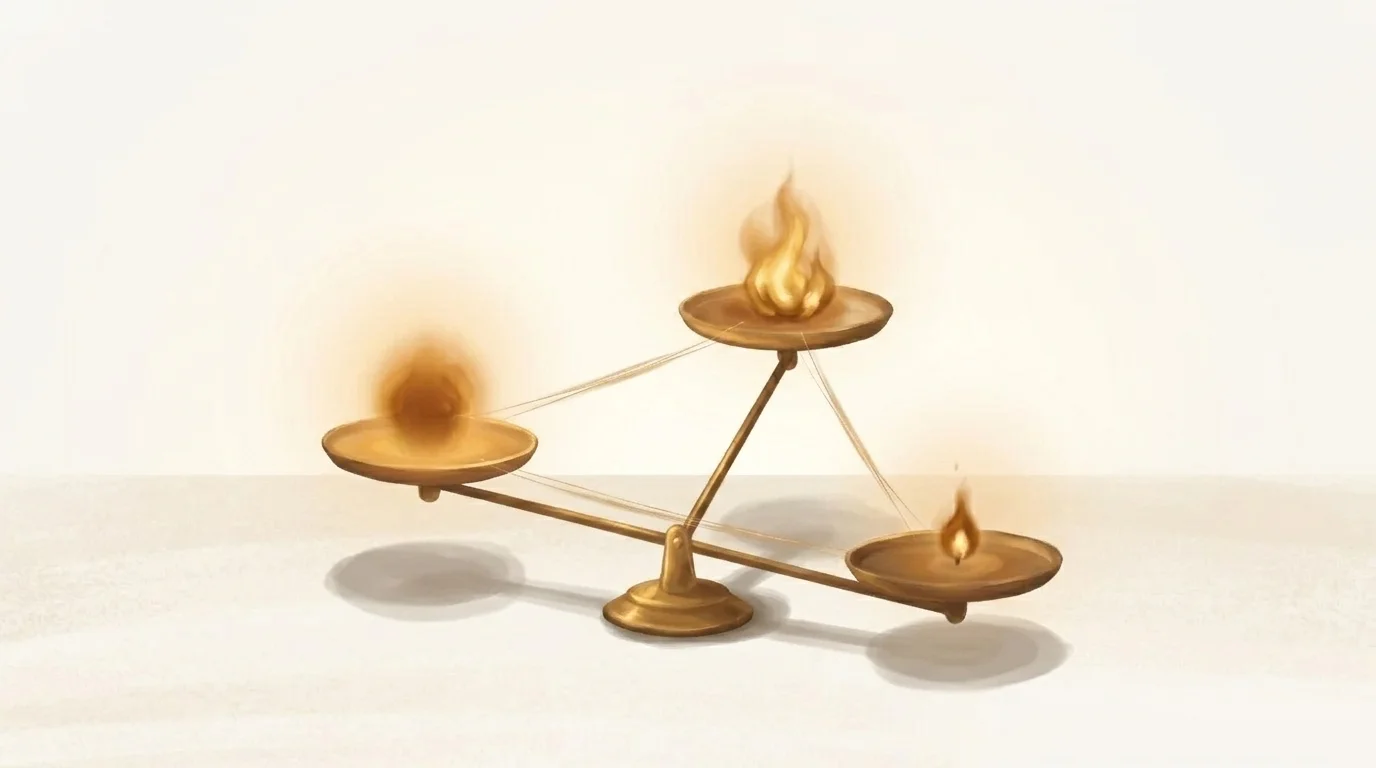 A golden balance with three distinct weighing platforms — each holding a different quality of light, from bright and steady to flickering and uneven — measuring source, content, and bias