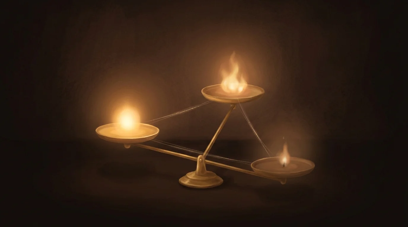 A golden balance with three distinct weighing platforms — each holding a different quality of light, from bright and steady to flickering and uneven — measuring source, content, and bias