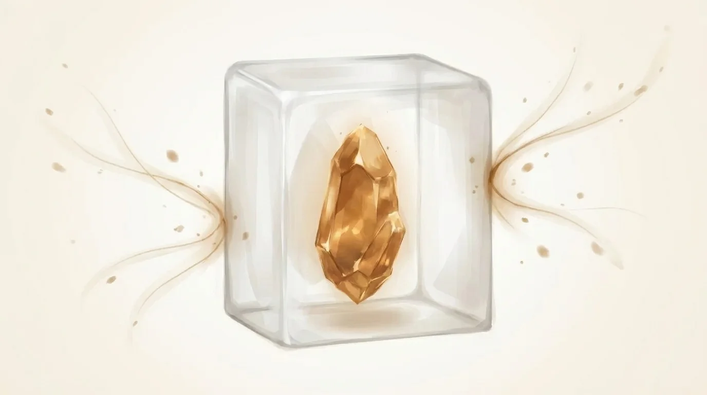 A luminous golden crystal growing inside a sealed translucent vault — protected knowledge accumulating in private, visible but untouchable from the outside