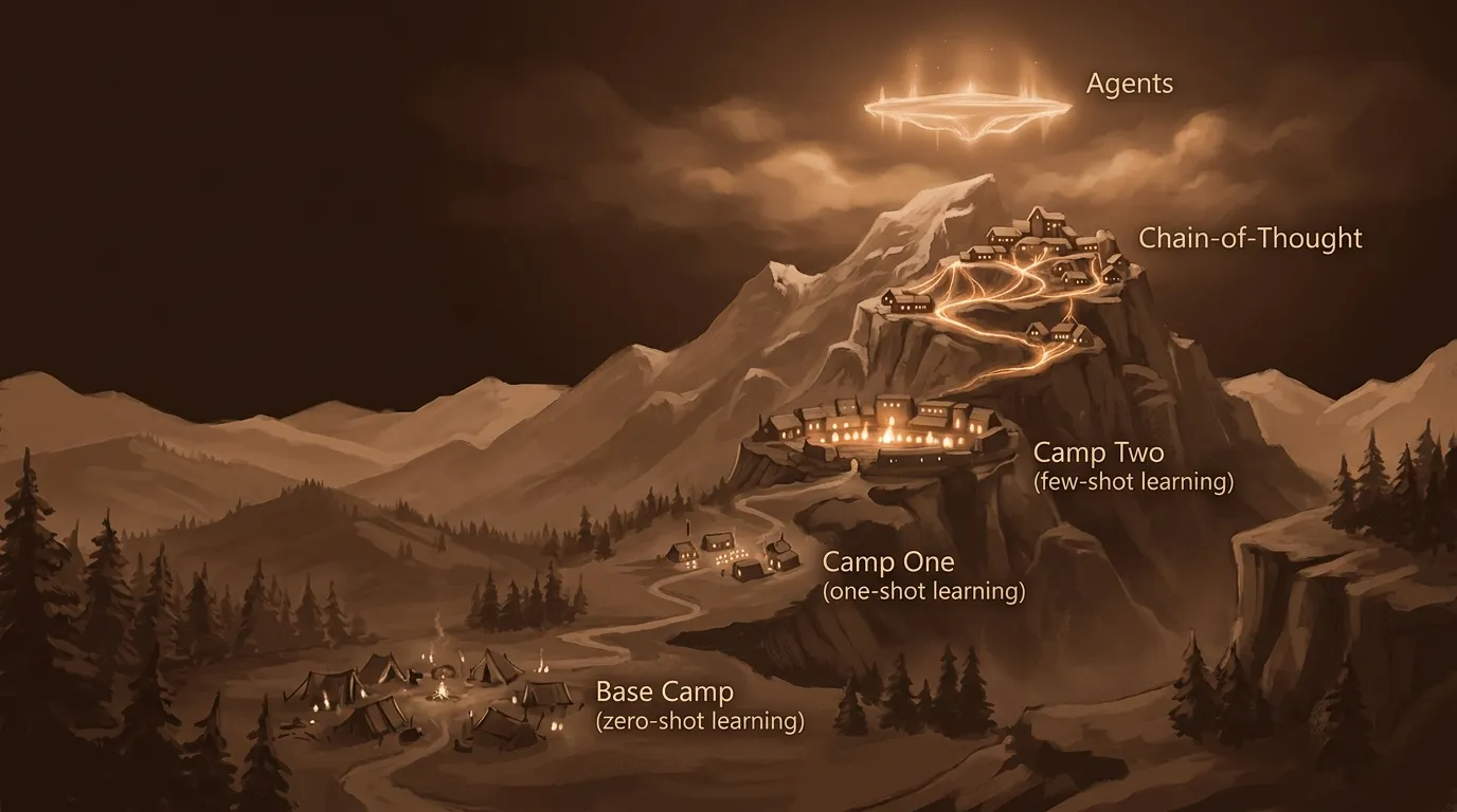 The intelligent hill of prompting quality — four camps ascending from zero-shot to chain-of-thought, with agents above
