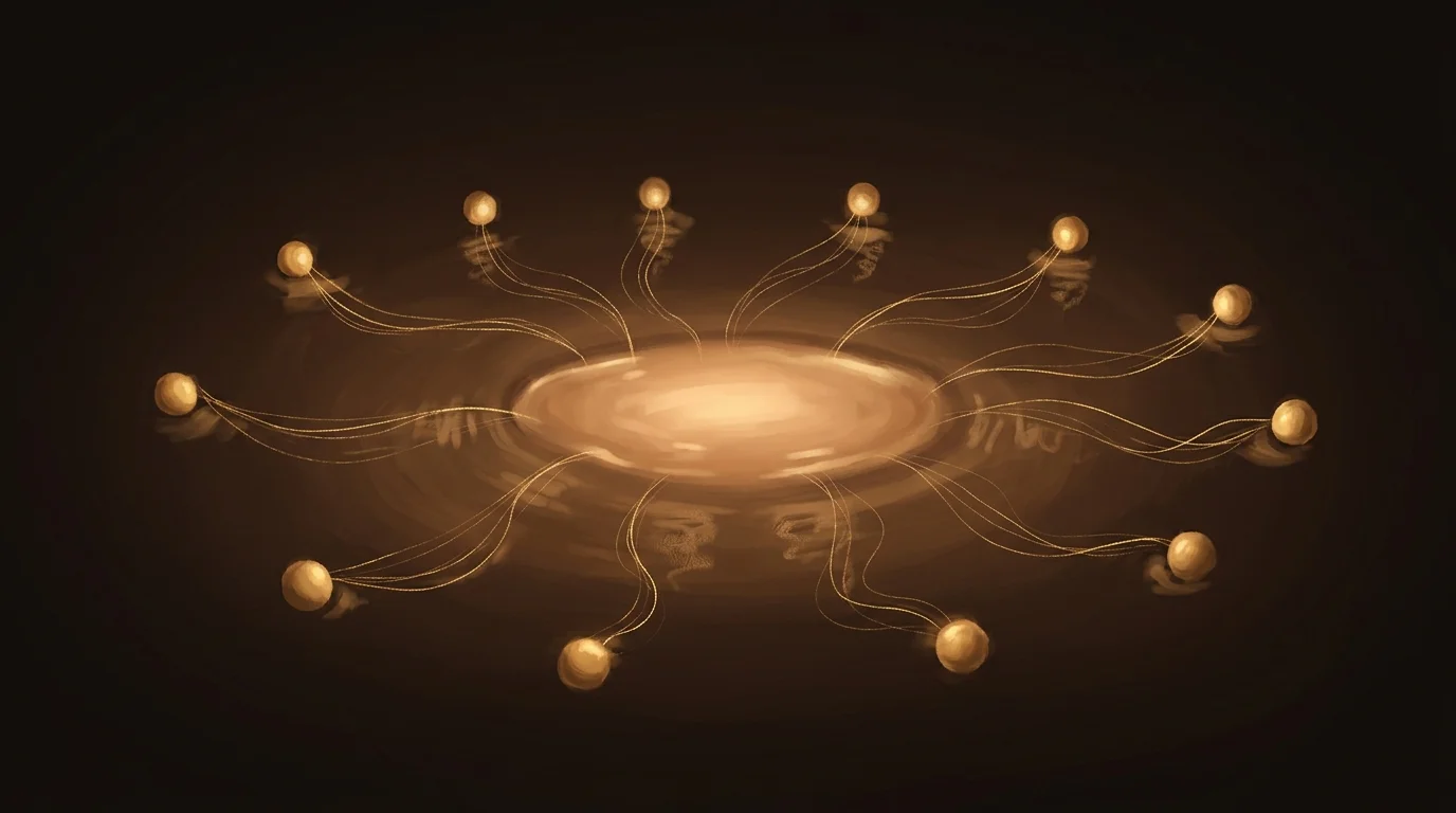 Multiple luminous orbs feeding streams of light into a central glowing pool — the shared workspace where every agent's knowledge becomes visible to every other agent
