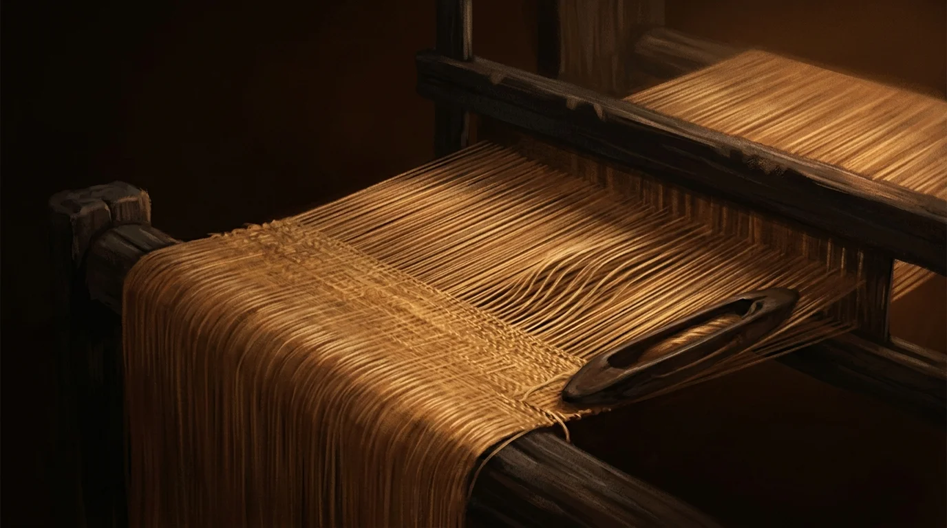 A golden tapestry on a dark loom, most threads flowing straight while one region quietly bends into a different hidden pattern — ideological alignment woven into the weights themselves