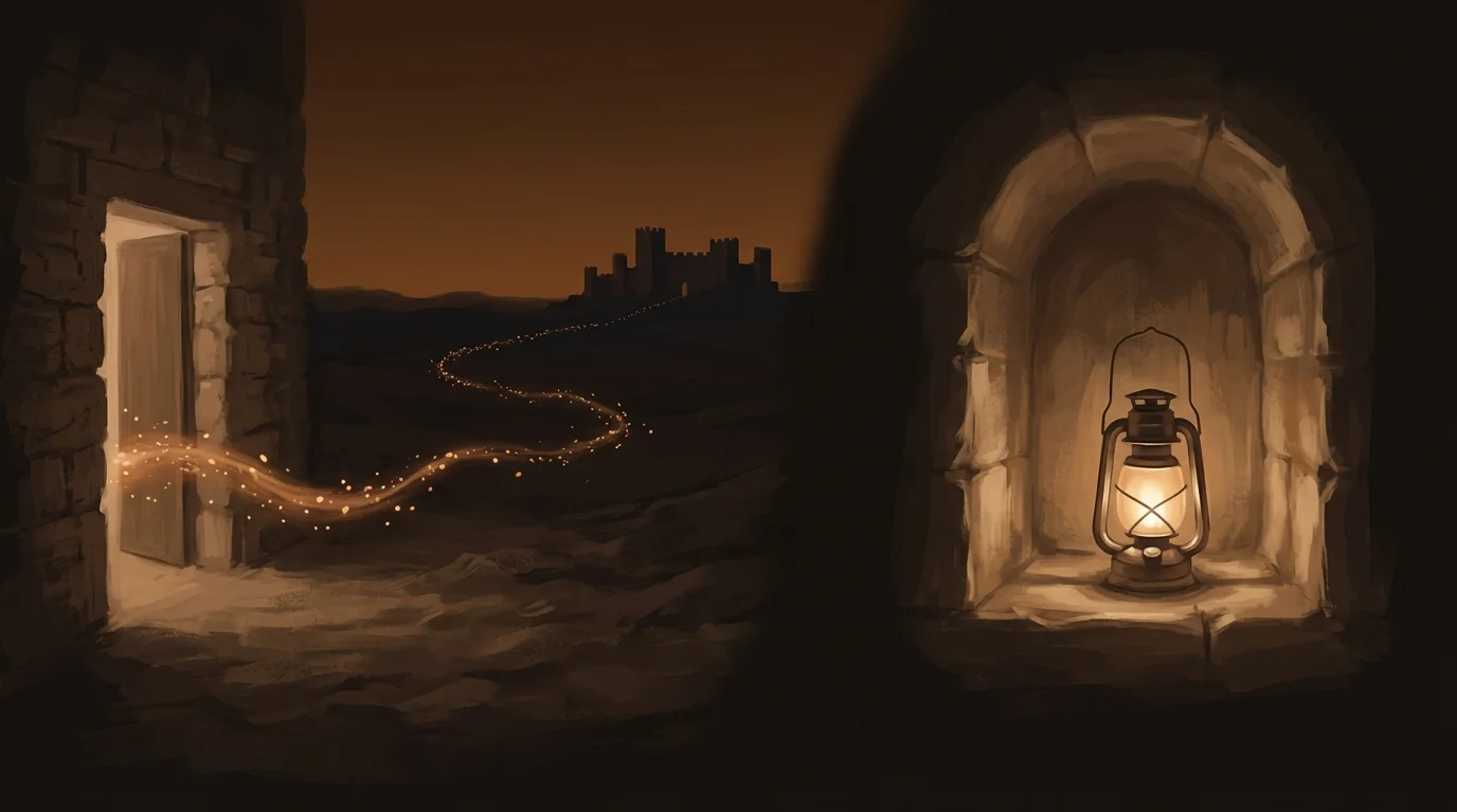 Two scenes divided by shadow: a stream of light leaving an open door toward a distant fortress, and a self-contained lantern whose light never leaves its stone alcove — hosted services versus self-hosted weights