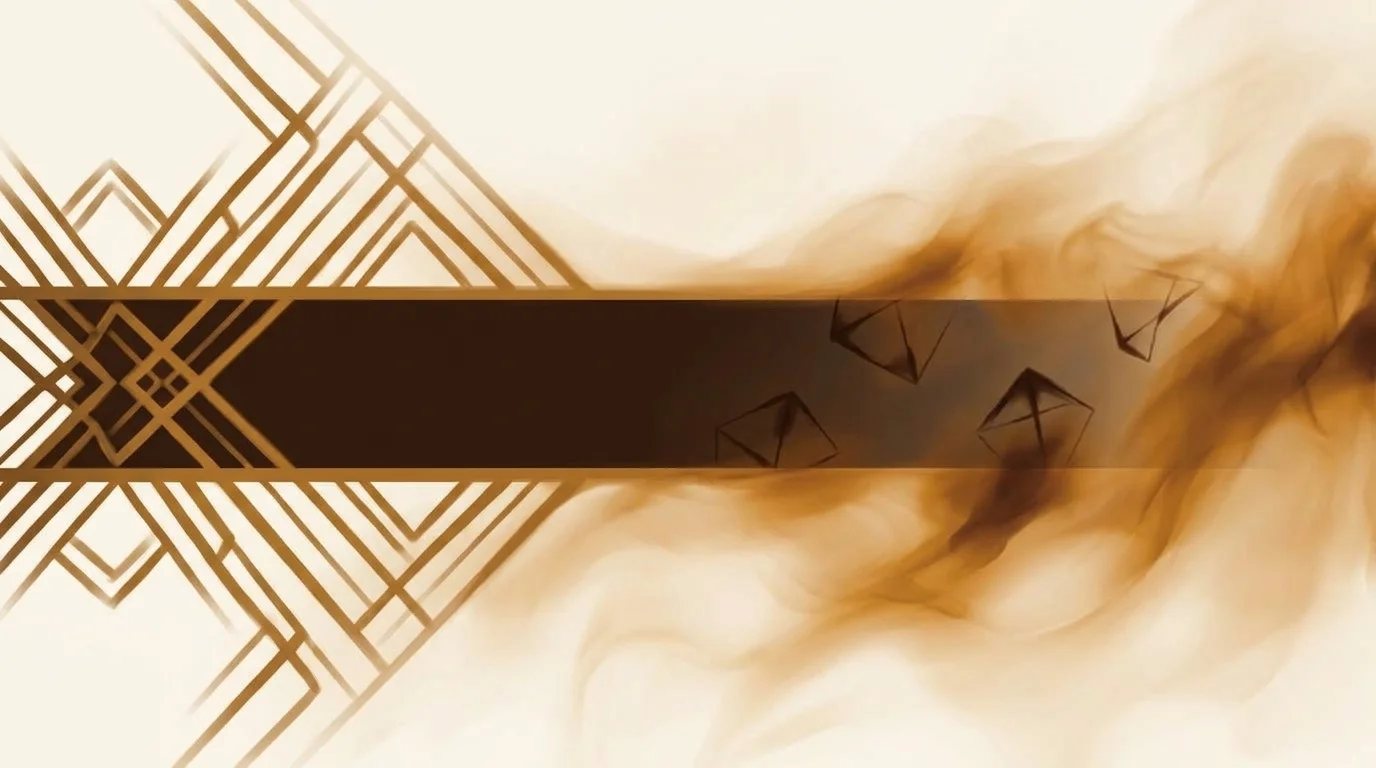 A rigid amber lattice on one side, a drifting haze on the other, and a narrow band between them where a few geometric forms are only half-resolved — the decisions that are neither a rule nor a paragraph
