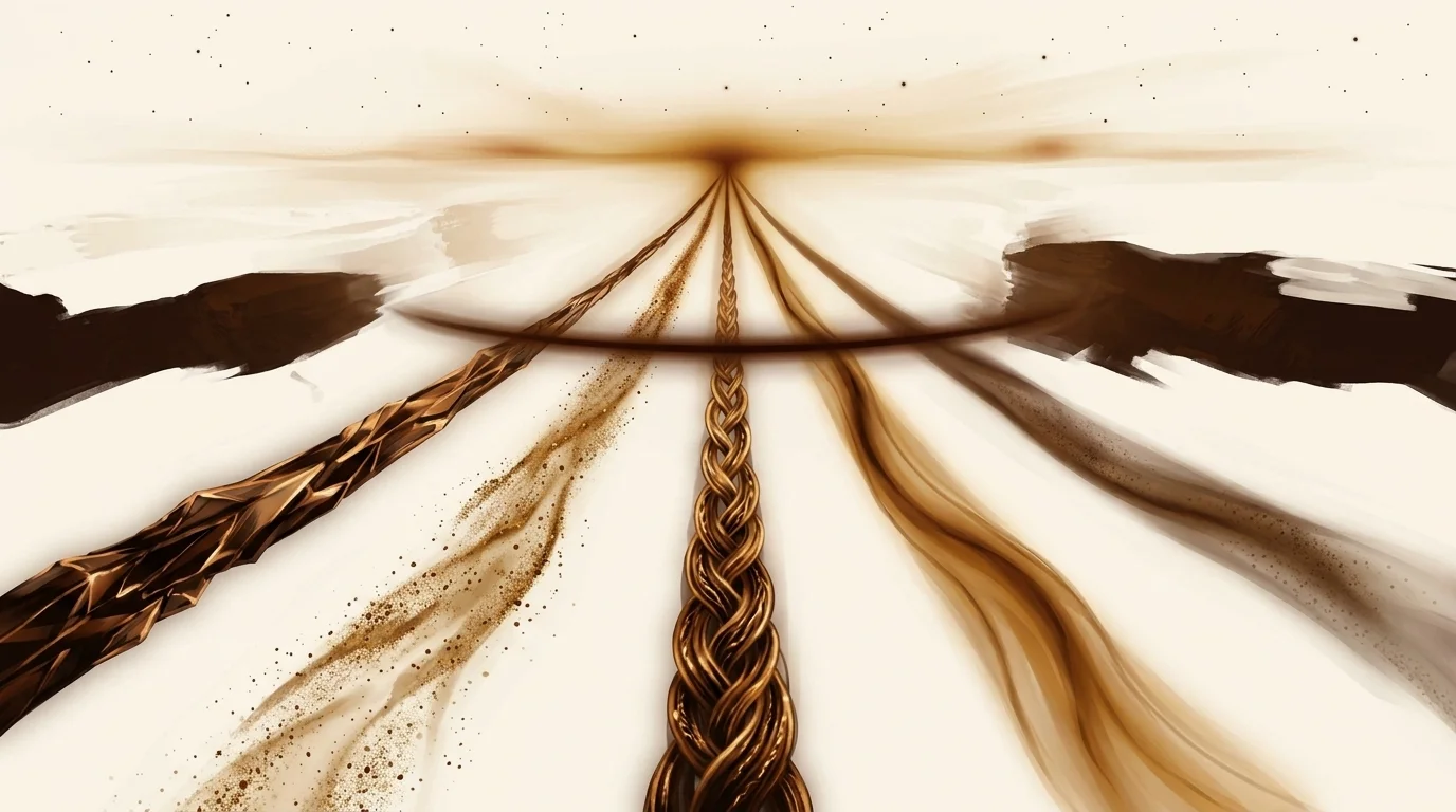 Five slender paths of light diverging from one point, each with its own internal texture — crystalline, granular, braided, smooth, fading — crossed by a single threshold where they separate