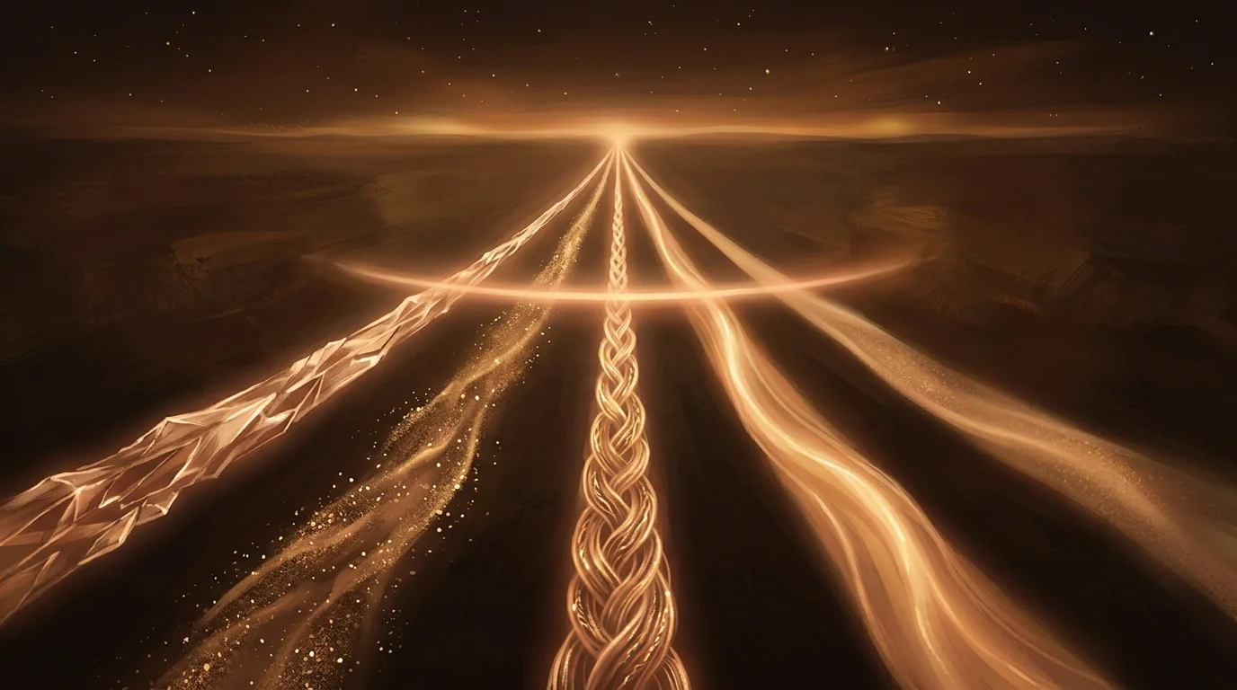 Five slender paths of light diverging from one point, each with its own internal texture — crystalline, granular, braided, smooth, fading — crossed by a single threshold where they separate