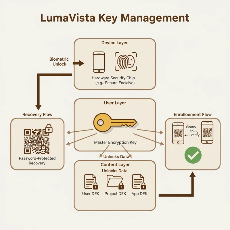 LumaVista Key Management — three-layer architecture showing Device Layer (hardware security chip with biometric unlock), User Layer (Master Encryption Key), and Content Layer (User DEK, Project DEK, App DEK), with enrollment and recovery flows on the sides