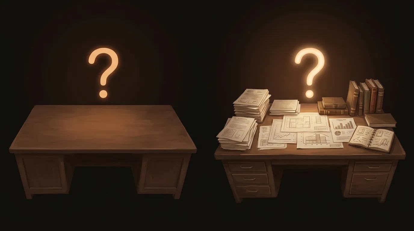 Same question asked with no context versus rich context — documents, memory, and prior research