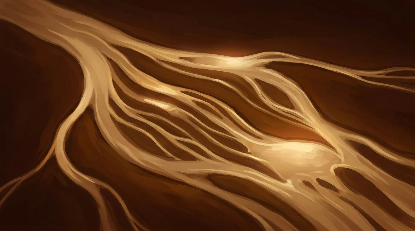 A wide landscape of nested golden streams — large flows containing smaller flows, like a river system seen from above — with periodic still pools where the light gathers, brightens, and releases downstream.