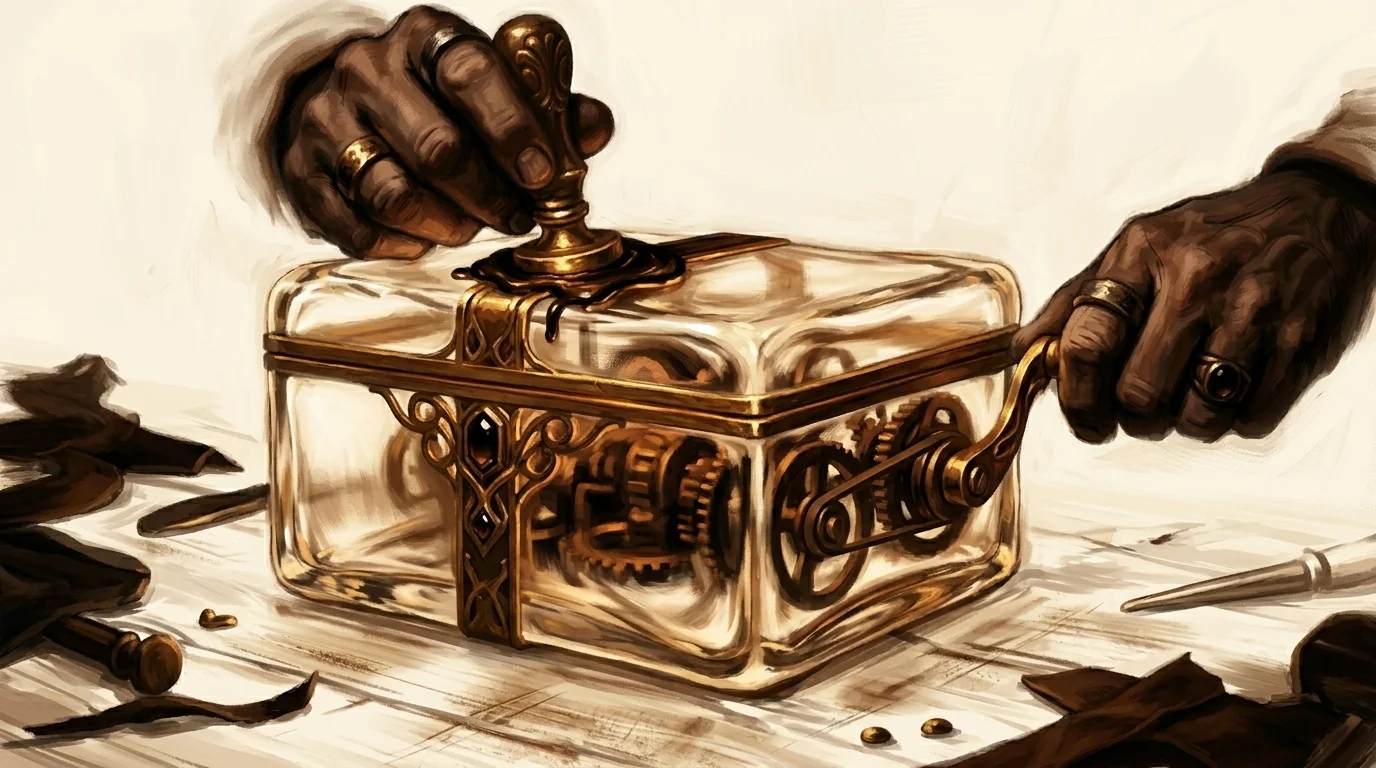 A sealed glass strongbox glowing from within, while the same pair of hands holds both the wax sealing stamp and the lever operating the machinery inside — the enclave is signed by the party it would need to exclude