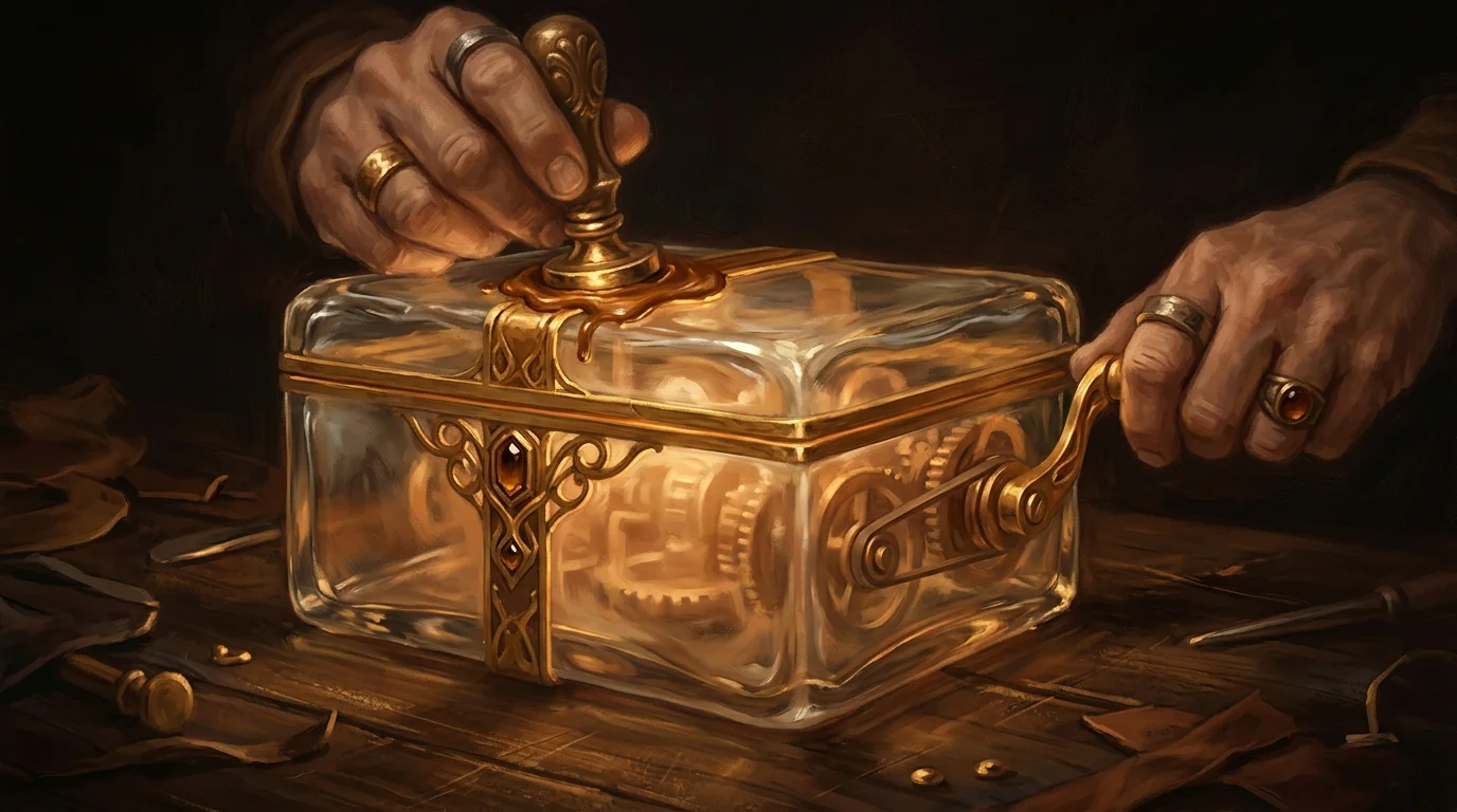 A sealed glass strongbox glowing from within, while the same pair of hands holds both the wax sealing stamp and the lever operating the machinery inside — the enclave is signed by the party it would need to exclude