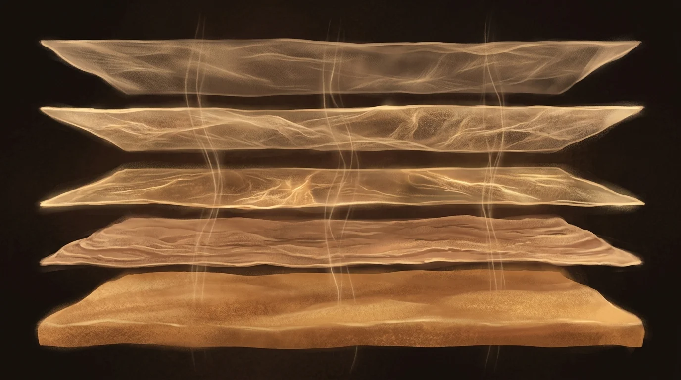 Five translucent golden layers stacked horizontally like geological strata — each layer a different texture and density, with faint connecting threads running vertically through all of them, showing how the laws interconnect