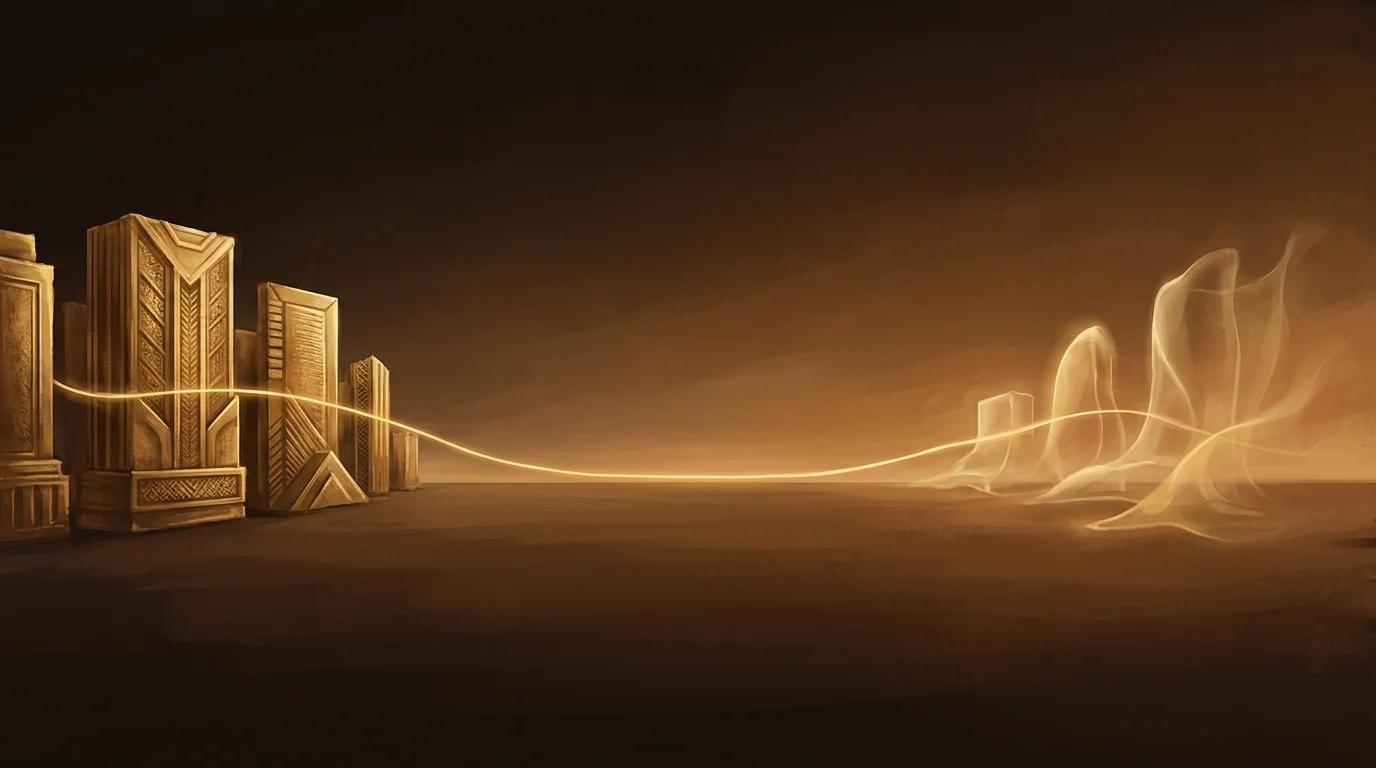 A horizon line with a dense cluster of established golden structures on the left (existing laws) and emerging, still-forming shapes on the right (CADA and future regulation), connected by a continuous golden thread suggesting regulatory evolution