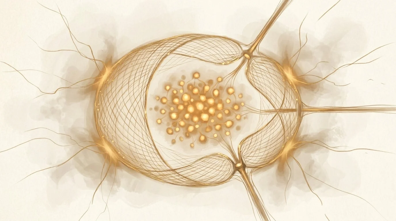 A secure mesh cocoon surrounding a cluster of bright nodes — controlled golden pathways are the only way through the protective boundary