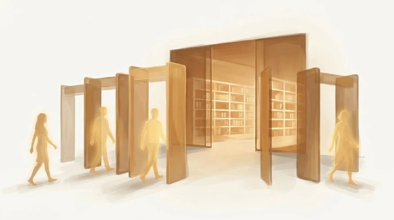 Translucent amber gates of varying sizes filtering golden silhouettes — selective access that knows who belongs