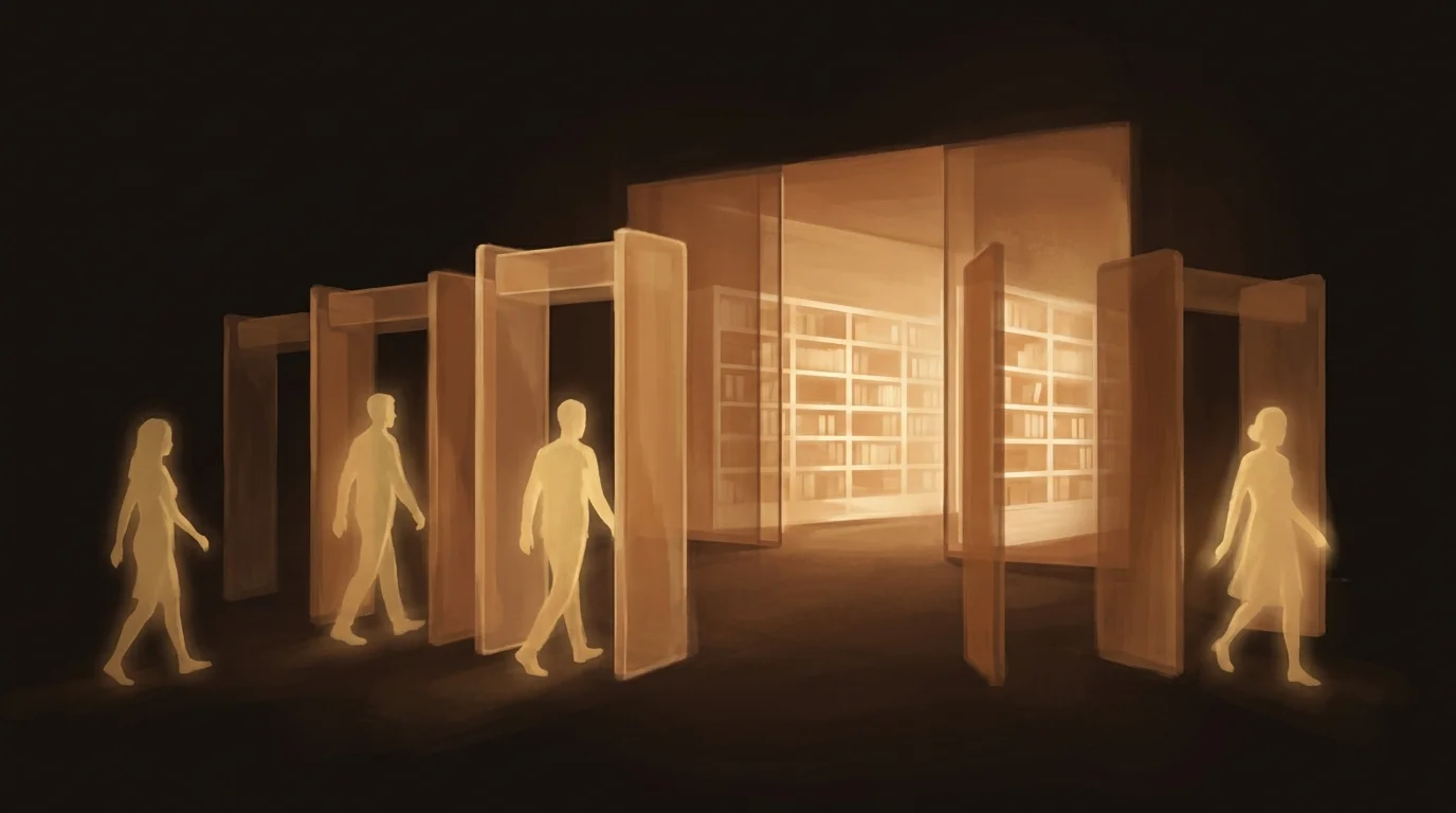 Translucent amber gates of varying sizes filtering golden silhouettes — selective access that knows who belongs