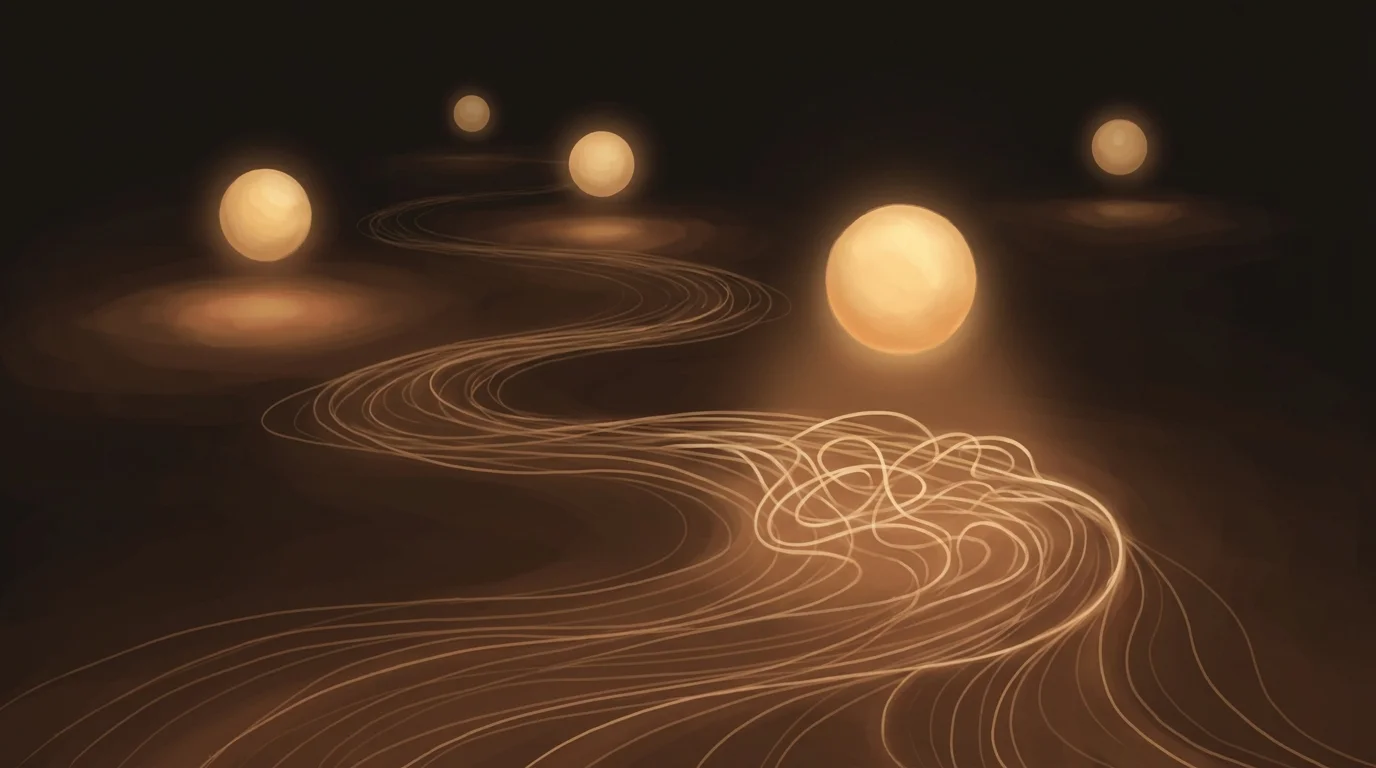 Golden sentinel orbs hovering above a river of data threads, one glowing brighter as it detects an anomalous pattern below