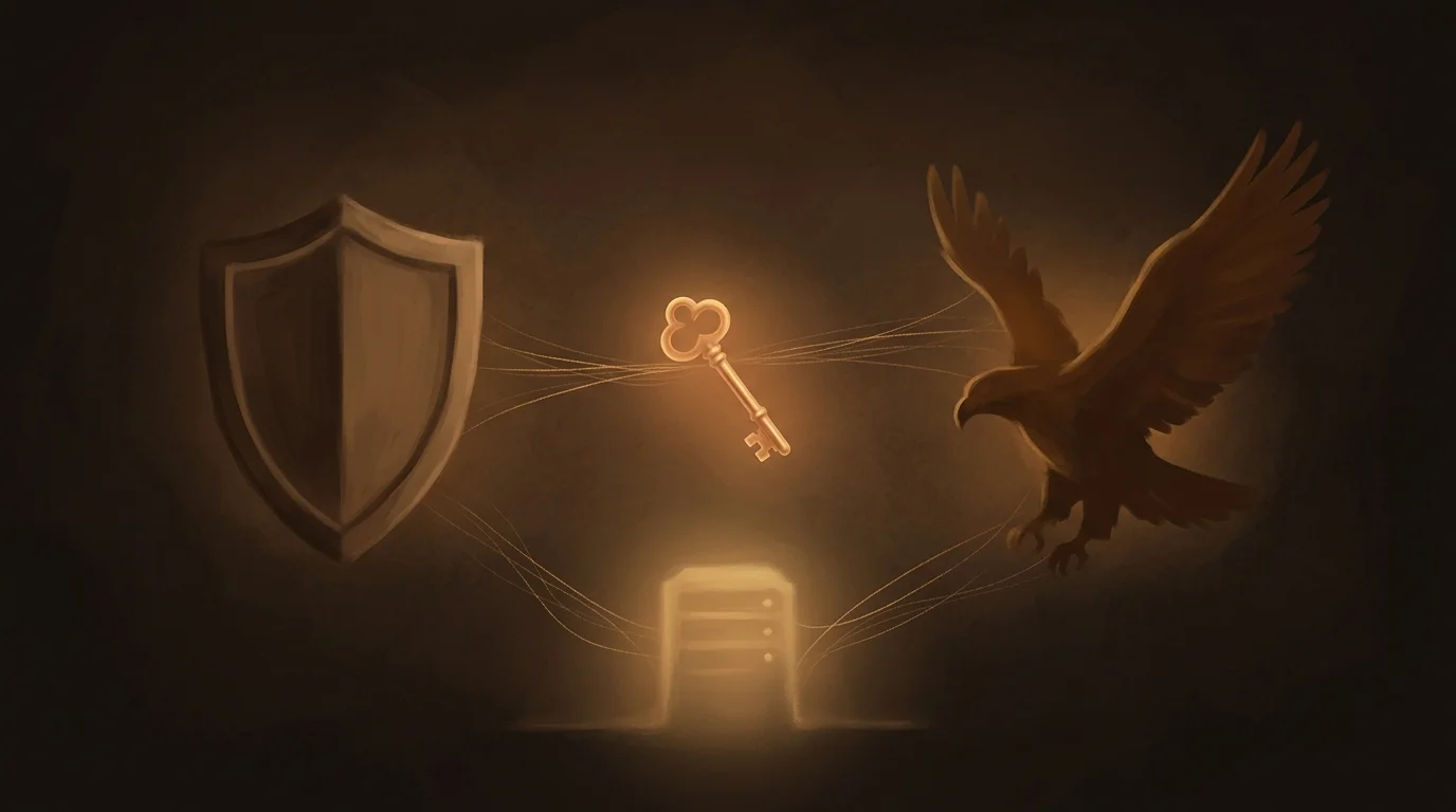 A golden key floating between two opposing forces — a European shield on one side, an American eagle silhouette on the other, with faint threads of data connecting both to a glowing server at the center