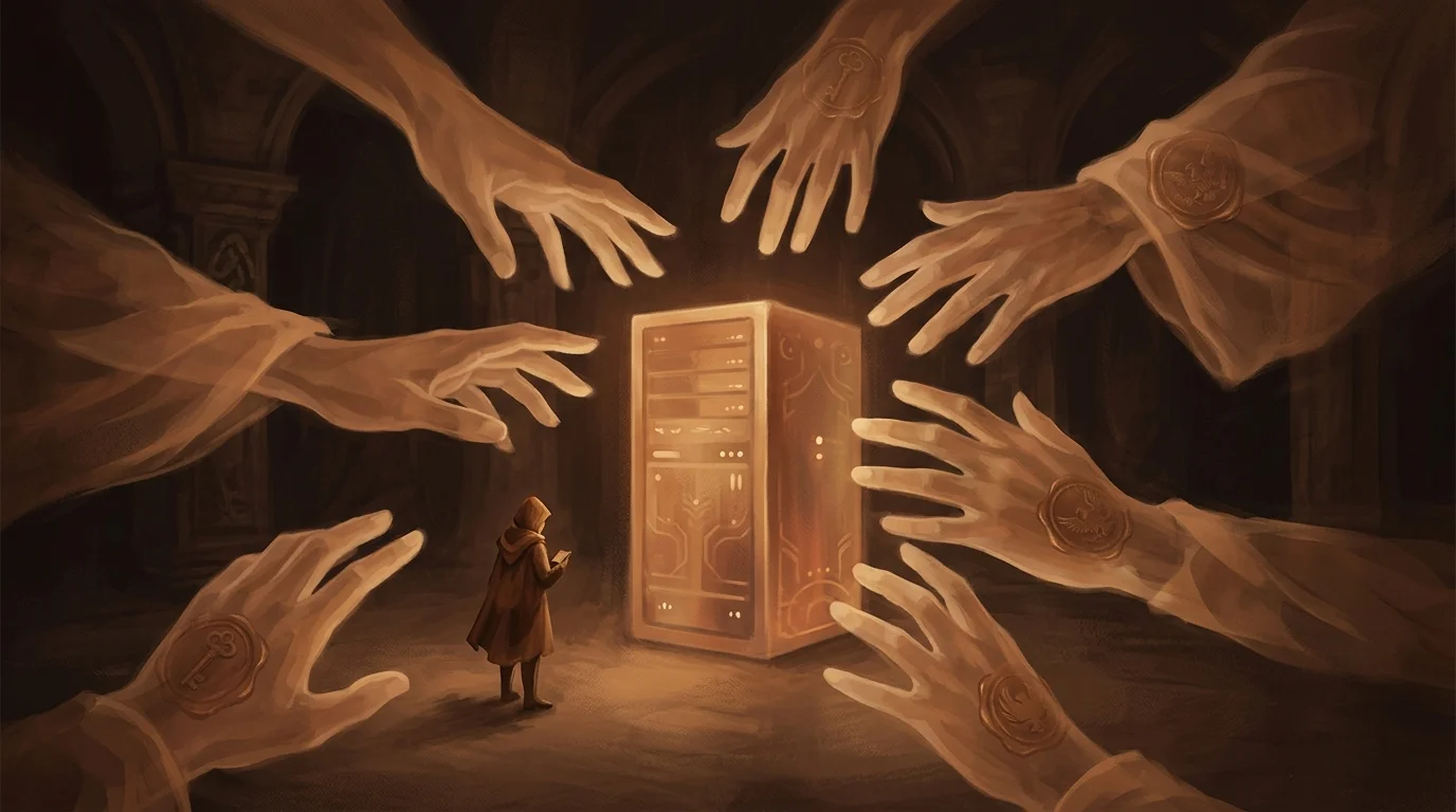 A single glowing golden server surrounded by multiple translucent hands reaching toward it from different directions — some with official seals, some shadowed — while a small figure stands nearby unaware