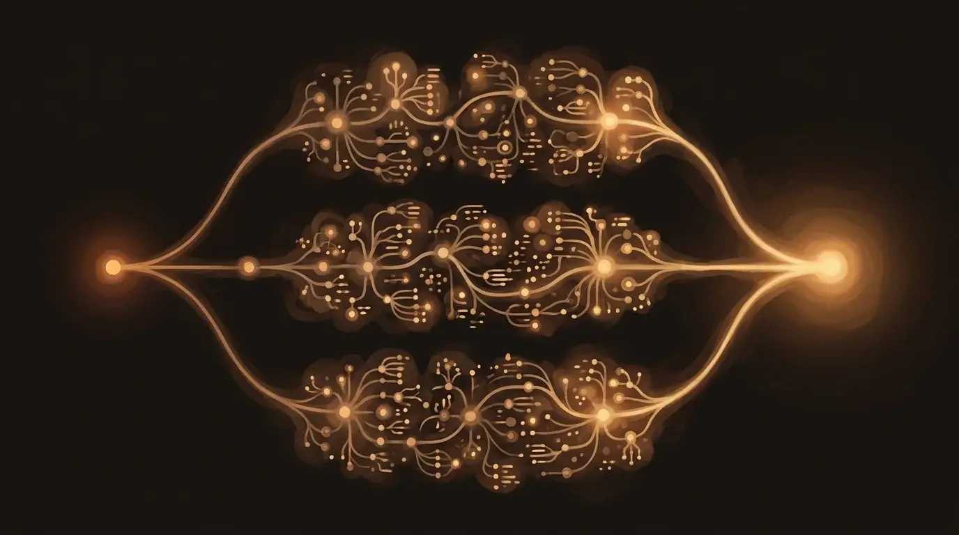 A single point of light splitting into three parallel golden threads that flow independently then converge into a brighter glow — one question becoming three research paths that merge into a synthesized result