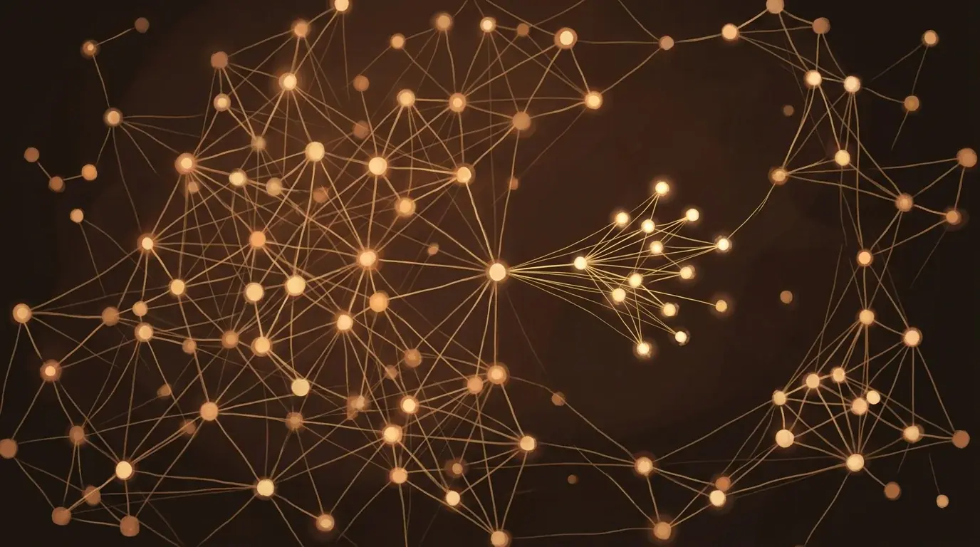 Four parallel threads of warm light running horizontally, with one branching downward to form a new path — a research graph growing as a discovery triggers new investigation