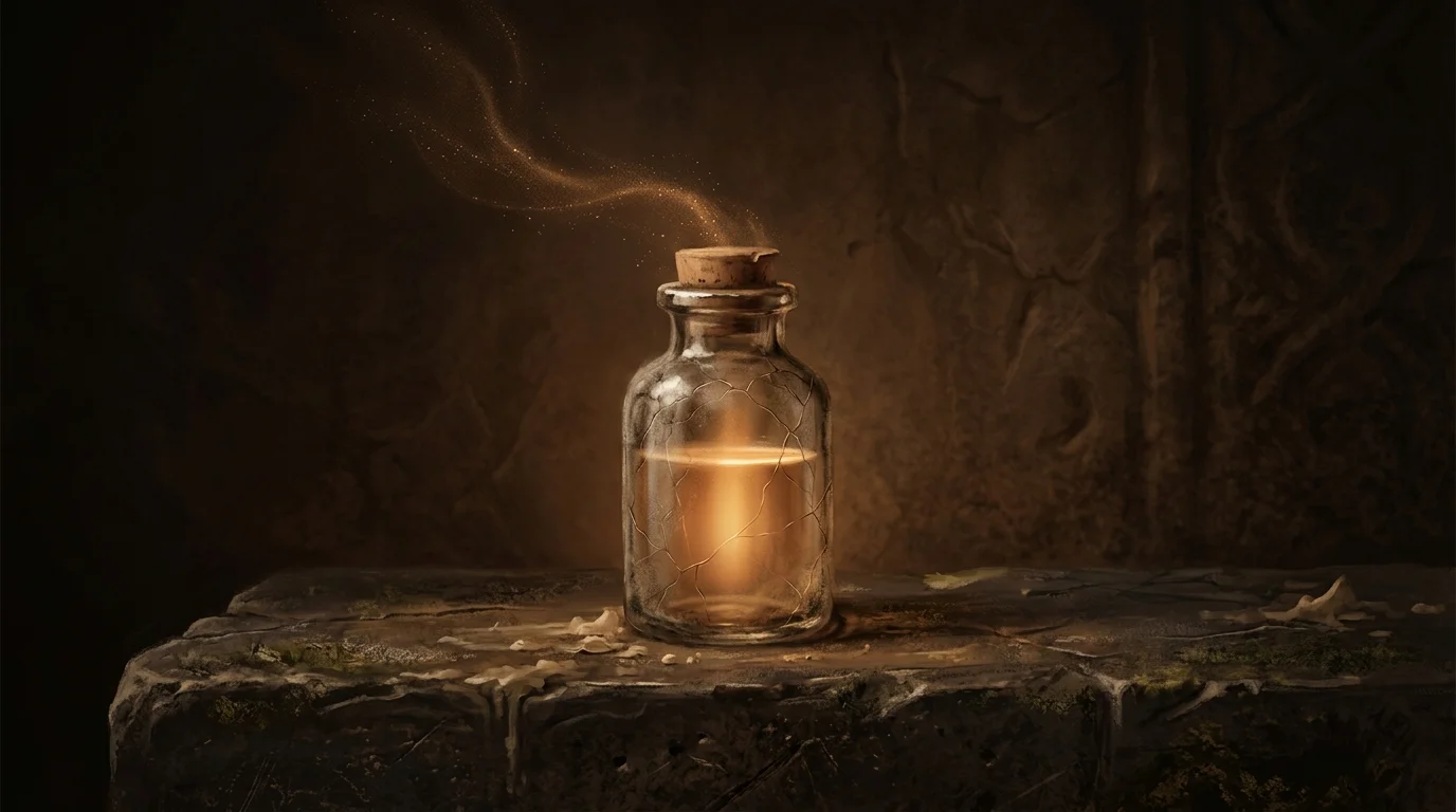 A row of warm-glass vials on a long stone shelf, each holding a captured beam of golden light — the leftmost vial showing a faint hairline crack spreading across the glass while the others remain sealed. Time eroding the seal on what was once safely contained.