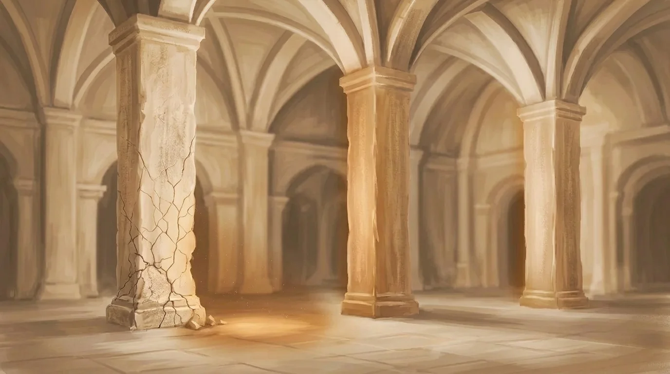 Three tall warm-stone pillars standing in a dark hall — the leftmost pillar fissuring at its base with a fine network of cracks spreading upward, the other two upright and intact, their surfaces faintly luminous. A quiet study of why diversity holds when one foundation gives way.