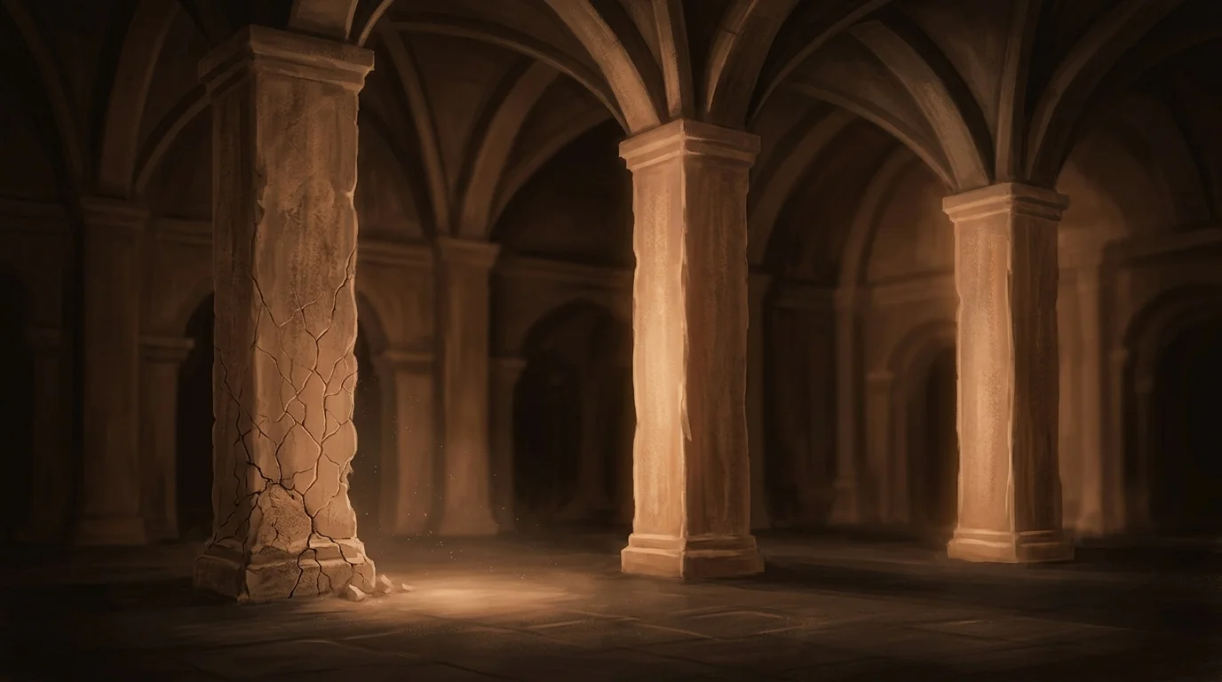 Three tall warm-stone pillars standing in a dark hall — the leftmost pillar fissuring at its base with a fine network of cracks spreading upward, the other two upright and intact, their surfaces faintly luminous. A quiet study of why diversity holds when one foundation gives way.