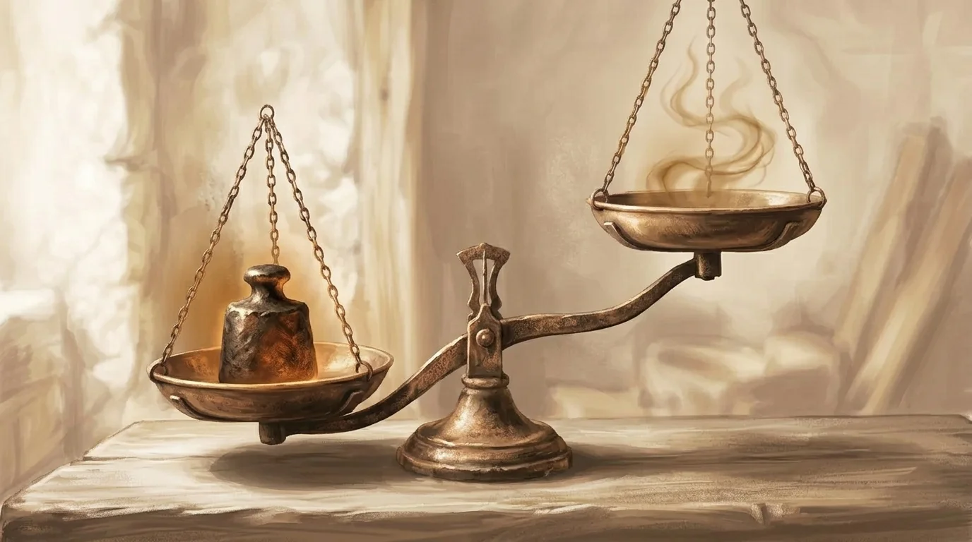 An old balance scale tipped hard to one side by a heavy iron weight, while the other pan holds only a faint wisp of golden mist — the enforcement asymmetry between US contempt power and theoretical GDPR fines