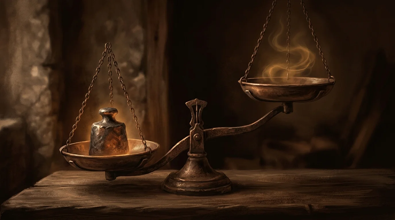 An old balance scale tipped hard to one side by a heavy iron weight, while the other pan holds only a faint wisp of golden mist — the enforcement asymmetry between US contempt power and theoretical GDPR fines