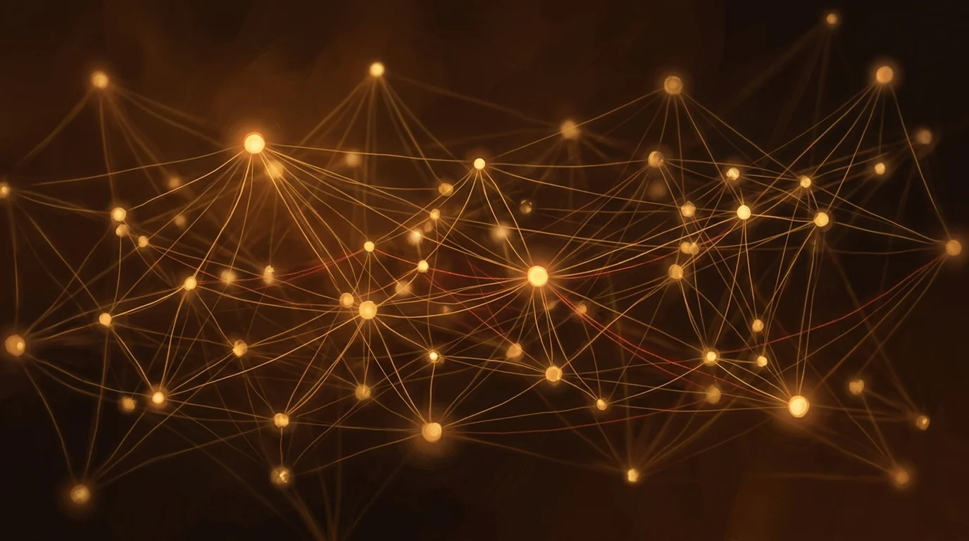 Dense network of interconnected golden nodes, some glowing bright and steady (high trust), others flickering faintly (low trust), with thin amber threads connecting corroborating sources