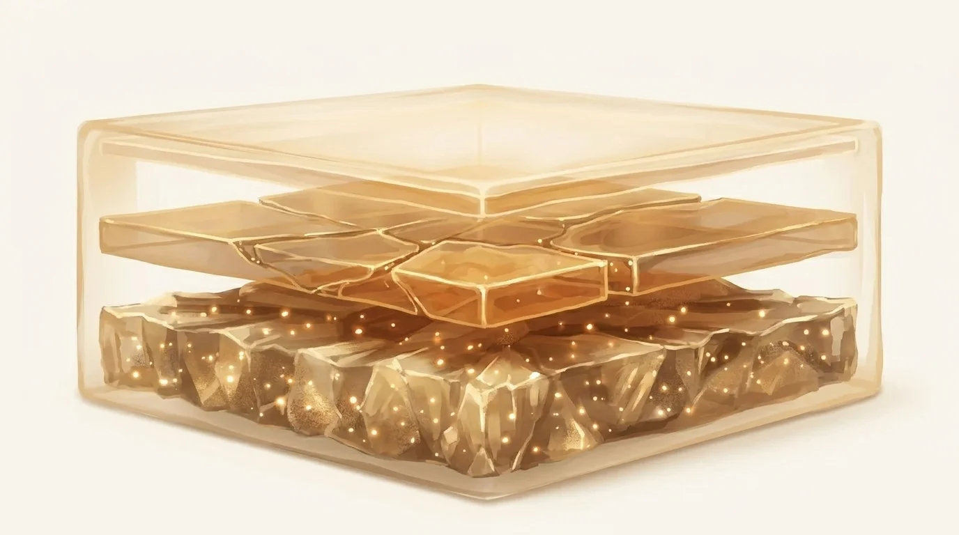 Stacked translucent golden layers representing the storage hierarchy — nodes, embeddings, and indexes all contained within a single sealed crystalline structure
