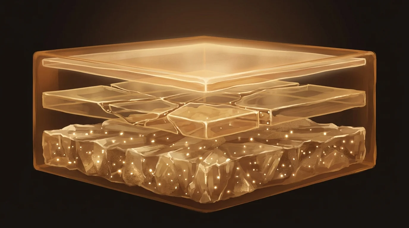 Stacked translucent golden layers representing the storage hierarchy — nodes, embeddings, and indexes all contained within a single sealed crystalline structure