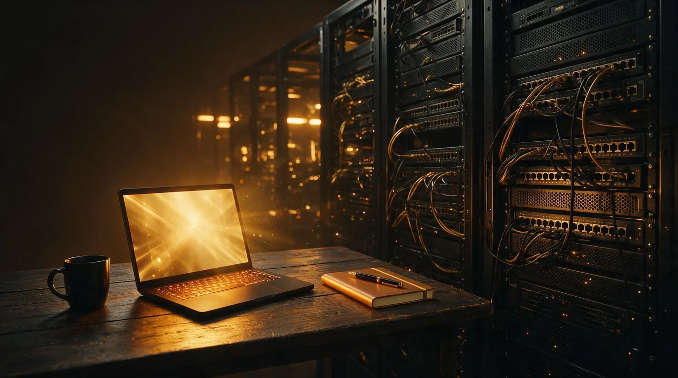 A glowing laptop on a wooden desk beside a towering wall of cabled server racks — both "running it locally", a thousandfold apart