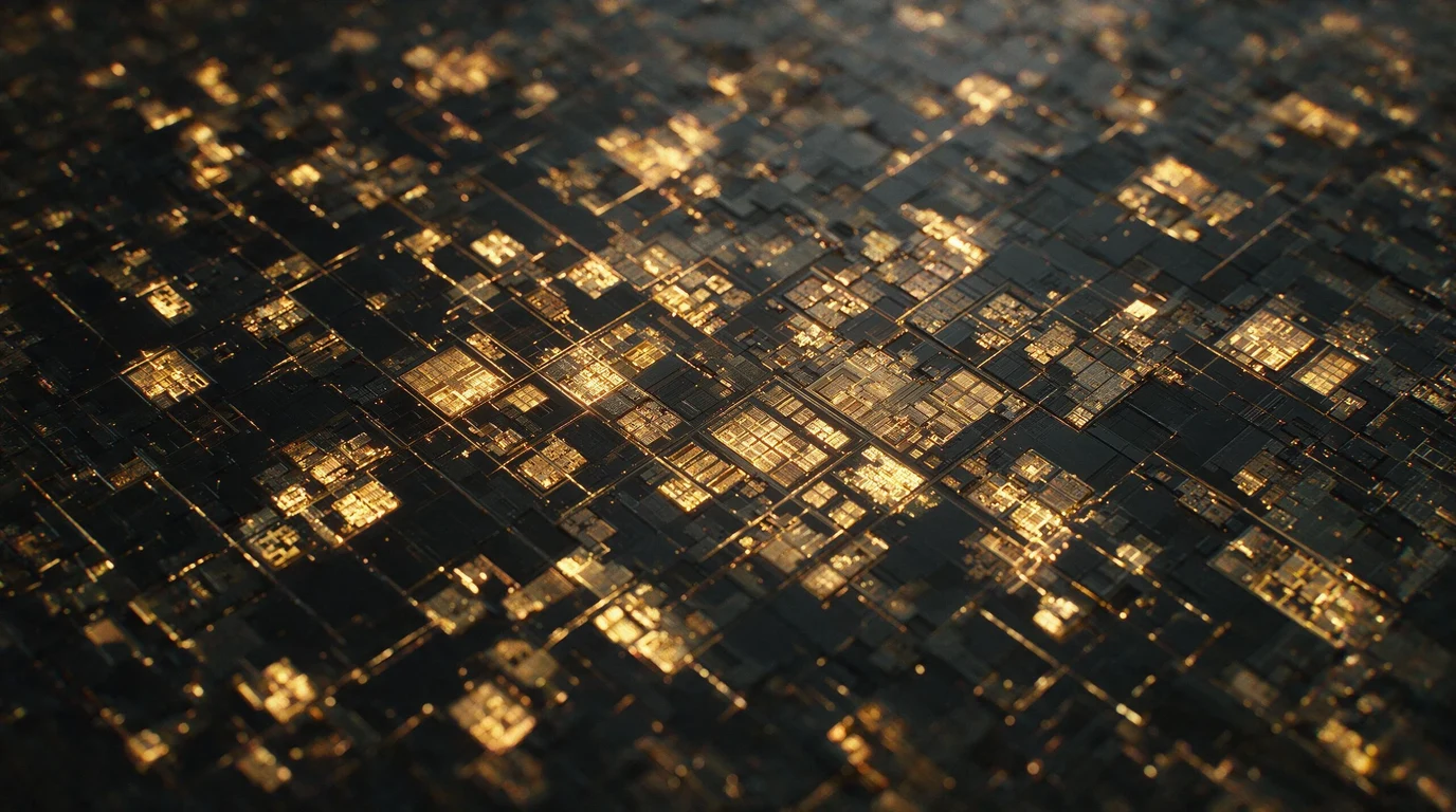 Macro view of a silicon die: a grid of hundreds of expert blocks, most of them dark, a scattered few lit gold — the model as work versus the model as memory