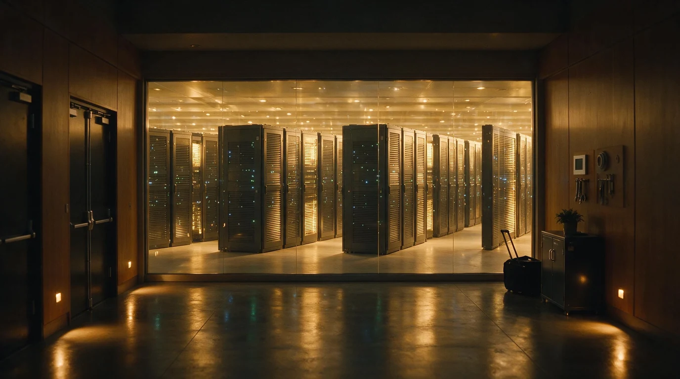An empty corridor at night looking into a glass-walled server room, racks glowing and idle — capacity billed whether or not anyone is using it