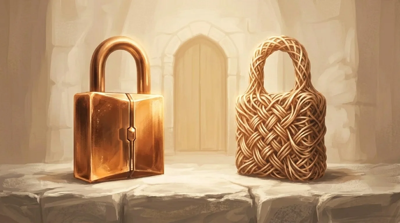 Two warm-glass locks set side by side on a stone surface — the left lock built from a single dense crystalline core that gleams brightly from a hardware seam, the right lock woven from finer interlocking strands of the same warm material that wraps continuously across both sides of a doorway. Two ways to seal the same threshold; only one reproduces on every door.