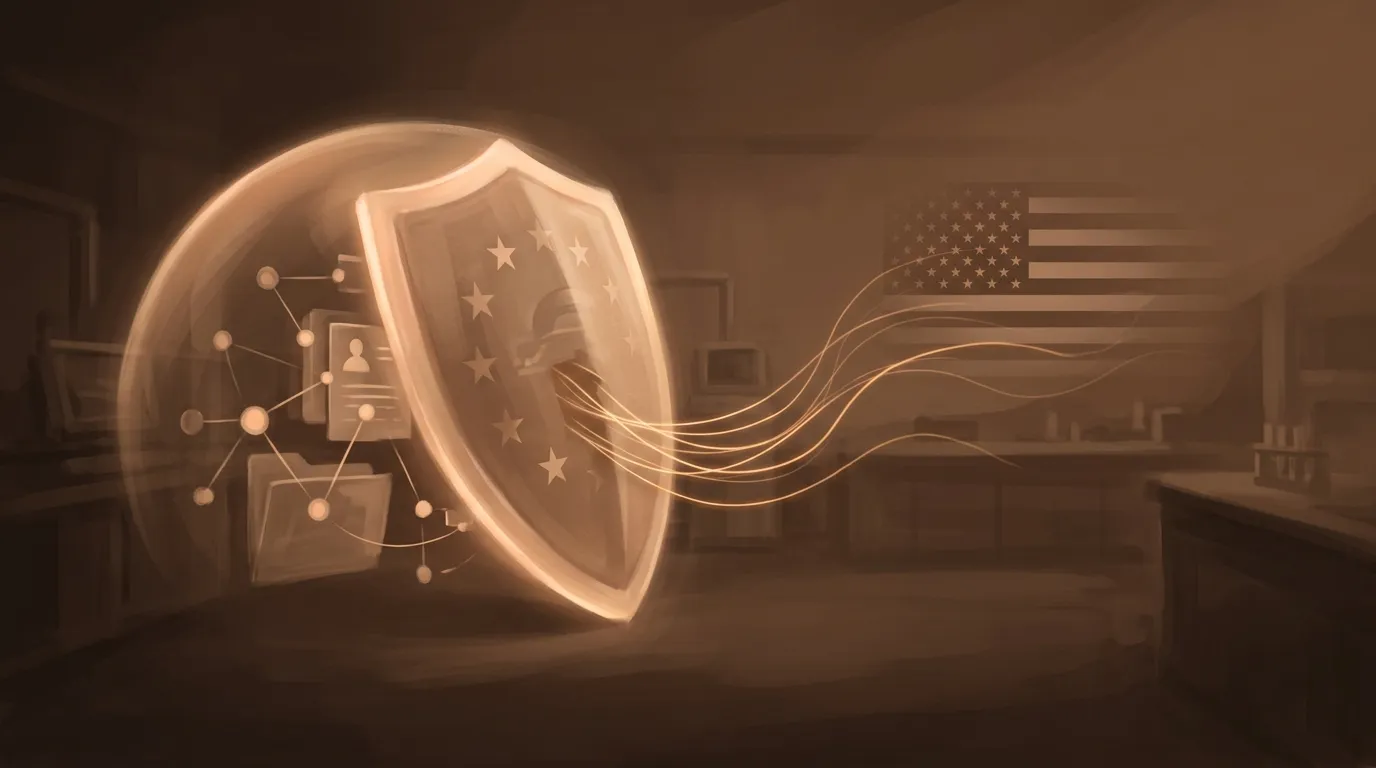 EU health data protection shield with data threads escaping through CLOUD Act access paths
