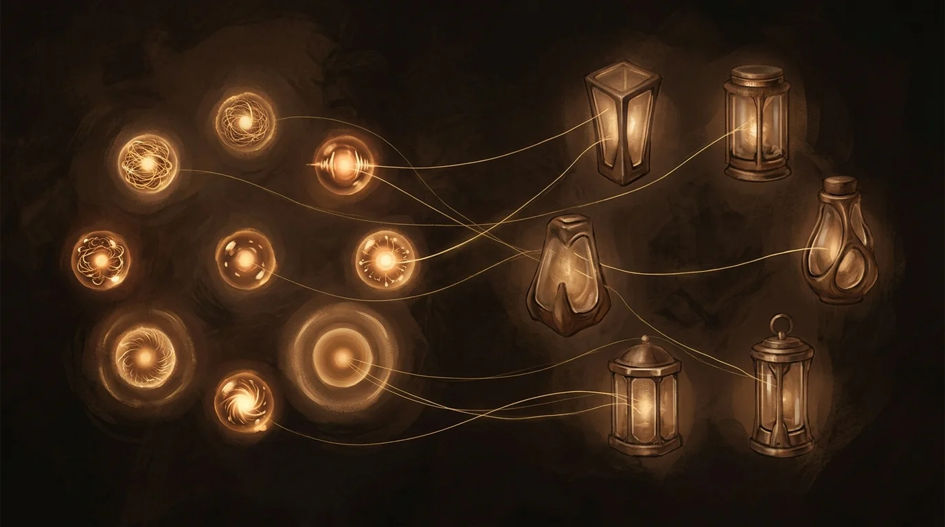 Glowing amber orbs with distinct internal patterns connected by delicate golden threads to matching structured containers — capability-based routing in action
