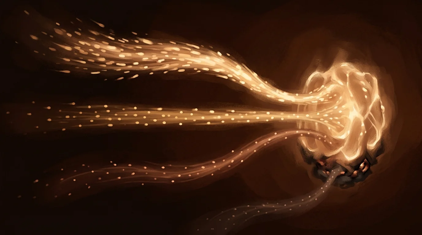 Three parallel streams of warm light — bright golden particles rushing forward, steady amber flow, and gentle copper particles drifting — all converging into a luminous structure