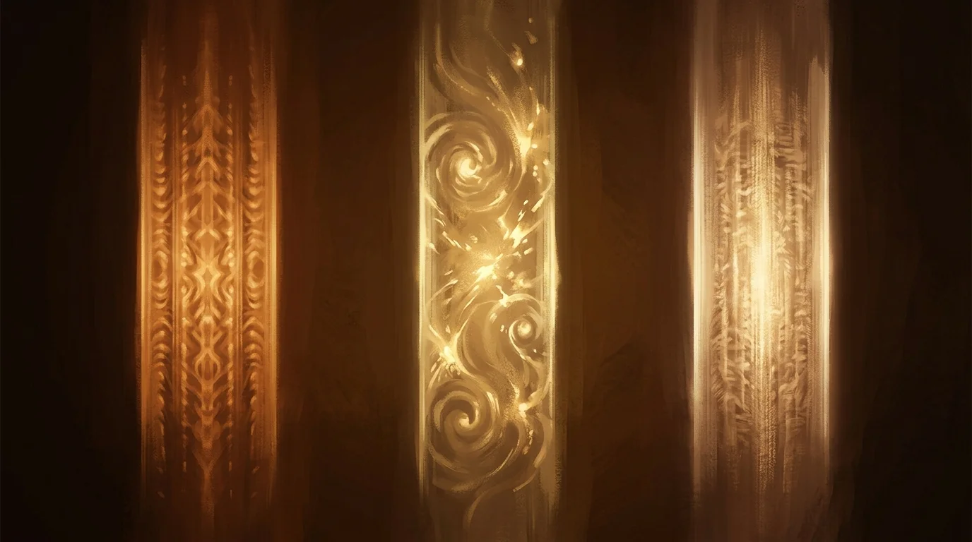Three vertical pillars of light side by side in deep amber, warm gold, and bright human-warm — each with its own internal rhythm: regular and ordered, swirling with bursts, quiet and concentrated.