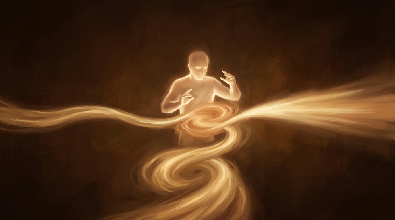 A single luminous human-warm form at the center, hands raised in the gesture of conducting, with three streams of golden light meeting at their position — one steady from the left, one swirling from below, one bright and concentrated from the right. The streams are being woven, not commanded.