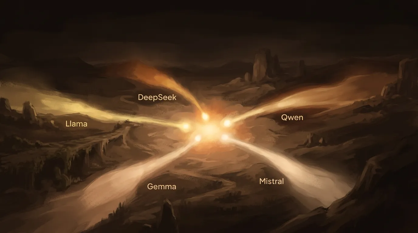 Five independent open-source model families converging at the AI frontier from different origins